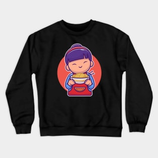 Cute Asian Girl Holding Noodle Cartoon Crewneck Sweatshirt